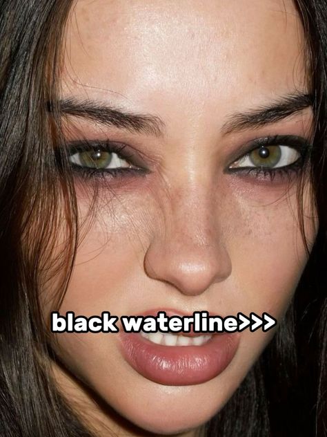 Black Waterline Makeup Natural, Makeup With Black Waterline, Y2k Smokey Eye Makeup, Eye Makeup Waterline, Weird Eyeliner Looks, How To Do Smokey Eyeliner, Alt Makeup For Hooded Eyes, Dark Waterline Makeup, Simple Goth Makeup Tutorial