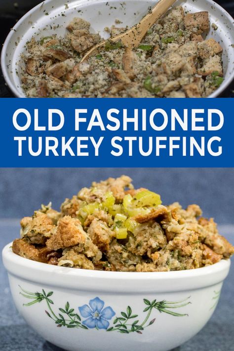 I love this old fashioned Thanksgiving turkey stuffing recipe! With bread, onions, celery and sage, it tastes just like the turkey dressing my grandmother used to make. And the leftovers are awesome on a hot turkey sandwich the next day. #entertainingdiva #stuffing  #thanksgiving #turkey  #holidayrecipes Traditional Turkey Stuffing, Homemade Turkey Stuffing, Turkey Stuffing Recipe, Thanksgiving Turkey Stuffing, Turkey Dressing Recipe, Traditional Thanksgiving Dinner Menu, Hot Turkey Sandwiches, Stuffing Thanksgiving, Turkey Stuffing Recipes