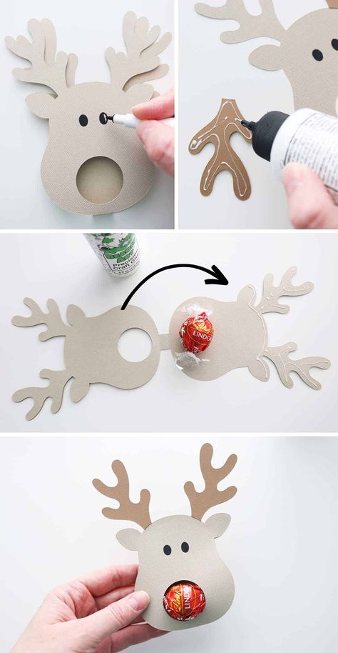 Diy Christmas Kids Gifts, Christmas Lollipop Holder Printable, Diy Candy Holders Craft Ideas, Very Simple Christmas Decor, Kids Made Christmas Gifts, Idea For Christmas Gifts, Christmas Giveaway Ideas For Kids, Reindeer Lollipop Holder Template Free, Cricut Gifts For Christmas