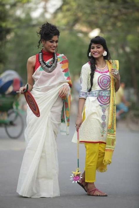 Pohela boishakh style. Pohela Boishakh Saree, Bangladeshi Fashion, Kerala Outfits, Bengali Sari, Pohela Boishakh, Bangladesh Fashion, Indian Dress Up, Latest Saree Blouse, Saree Blouse Neck Designs