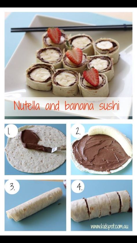 Sweet sushi Sushi Dessert, Banana Sushi, Banana Nutella, Sweet Snacks Recipes, Delicious Snacks Recipes, Easy Baking Recipes, Healthy Snacks Recipes, Yummy Food Dessert, Sweet Snacks