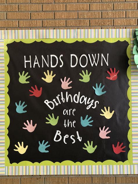 I printed out the birthday of all the students in little circles and put those on the palms of the hands.  Birthday bulletin board for elementary school. Employee Birthday Bulletin Board Ideas, Simple Birthday Bulletin Board, Birthday Bulletin Boards Office, Cute Birthday Boards For Classroom, School Birthday Display, Preschool Birthday Bulletin Boards, Spring Birthday Bulletin Boards, Spring Birthday Boards Classroom, March Birthday Board Ideas