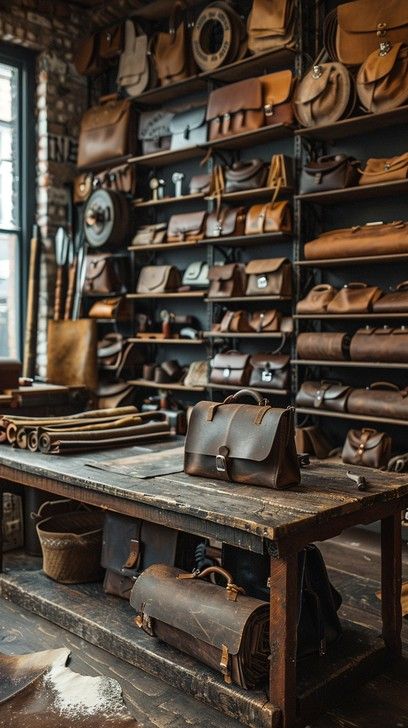 Artisan Workshop, Vintage Showroom, Old Shop Aesthetic, Leather Shop Interior, Organizing Leather Shop, Leather Factory Photography, Pharmacy Decor, Mens Satchel, Laptop Design