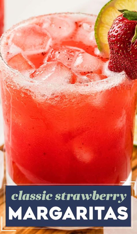 These Strawberry Margaritas are made with just a handful of ingredients, and super refreshing on a hot summer day! This recipe is for a single cocktail (for when it's just you), but I've also included a large batch version (for a party or other event). Strawberry Margarita Recipe Pitcher, Large Batch Margarita Recipe, Margarita Mix Recipe, Strawberry Margaritas, Strawberry Margarita Recipe, Chunky Chef, Kid Friendly Drinks, Strawberry Margarita, Refreshing Drinks Recipes