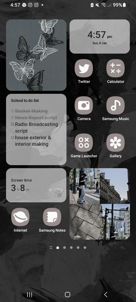 Black theme aesthetic wallpaper idea using Samsung Android 13 Theme Ideas For Phone Android, Black Samsung Wallpaper, Phone Home Screen Ideas Samsung, Samsung S23 Ultra Homescreen, How To Make Your Samsung Aesthetic, Home Screen Ideas Android Samsung, Phone Inspiration Android, Samsung Home Screen Aesthetic, Android Widget Design Aesthetic