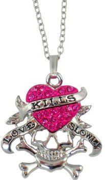 Designer Inspired Love Kills Slowly Dark Pink Crystal Heart and Skull Necklace <3 I'm soo getting this necklace! 2000s Jewelry, Battery Acid, Love Kills Slowly, Mcbling Fashion, Love Kills, Thrift Inspo, Y2k Accessories, Y2k Jewelry, Pink Accessories