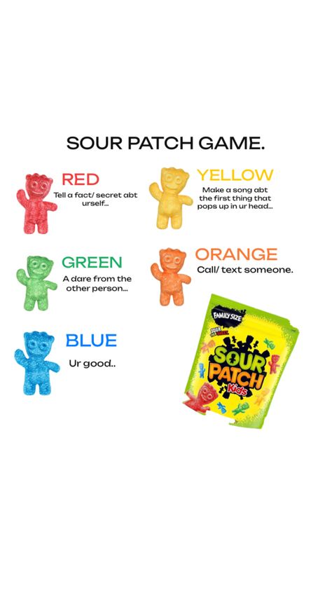 Sleepover Sour patch kids gameee Sleepover Sour Patch Game, Sourpatch Kid Games, Sour Patch Game, Sour Patch Kids Game, Sleepover Ideas For Teenagers, Teenager Activities, Fun Games For Teenagers, Fun Sleepover Activities, Fun Sleepover Games