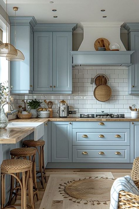 Kitchen With Accent Cabinets, Pastel Blue Kitchen Ideas, Kitchen Ideas With Blue Cabinets, Blue House Ideas Interiors, Cottage Inspired Homes, Coastal Aesthetic House, Kitchen Lighting Inspiration, Light Blue Cabinets Kitchen, Blue Aesthetic Home Decor