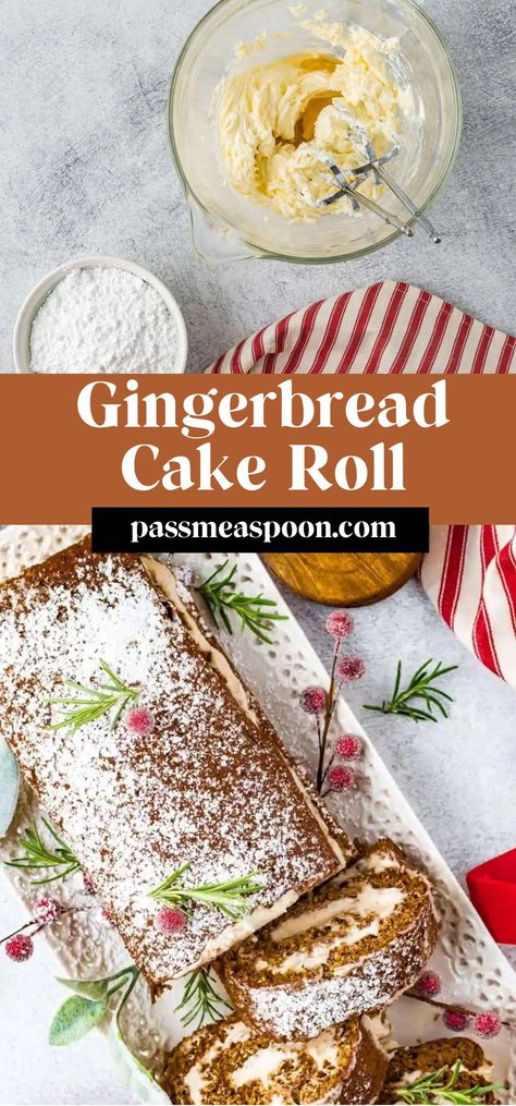 This gingerbread cake roll is a delightful treat with warm and comforting flavors. It’s a moist and fluffy cake filled with a delicious spiced cream, all rolled up into a beautiful and festive spiral. Gingerbread Cake Roll Recipe, Gingerbread Cake Roll, Gingerbread Dessert, Swiss Roll Cakes, Baking Bad, Gingerbread Cake Recipe, Fluffy Cake, Cake Roll Recipes, Coffee Ingredients