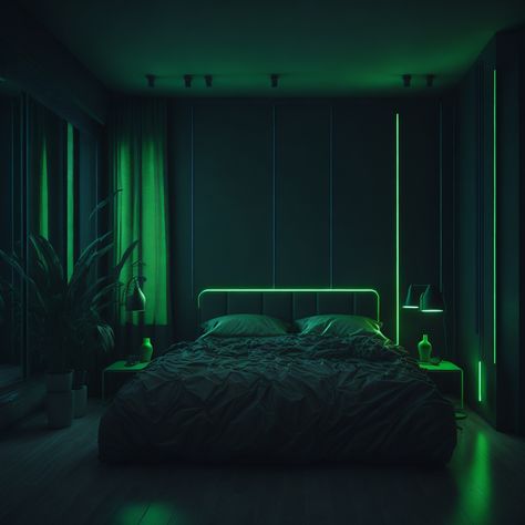 Dark Green Mens Bedroom, Aesthetic Room Decor Vintage Dark, Emerald Green Interior Design Bedroom, Green Male Bedroom, Black And Neon Bedroom, Bedroom Green And Black, Emerald And Black Bedroom, Black And Green Bedroom Aesthetic, Dark Led Room Aesthetic