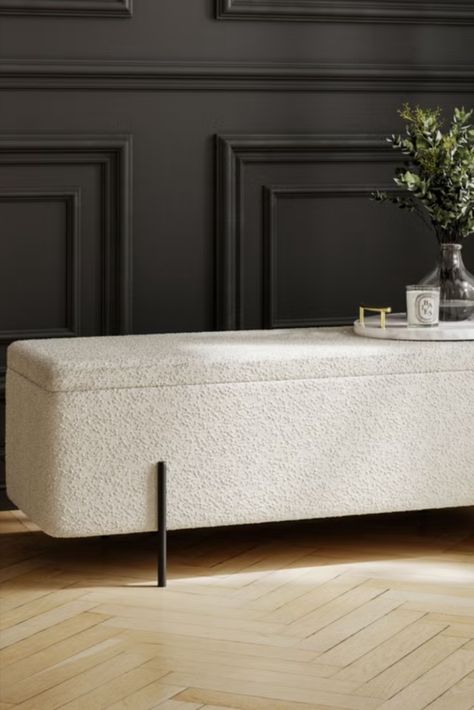 This soft and cosy boucle bench seat has padded cushioning making for an extra comfy perch. The black legs add a sleek and minimalist twist. Cushioned Bench Seat, Bedroom Ottoman Bench, Boucle Storage, Black Storage Ottoman, Cushioned Bench, Hallway Seating, Beige Headboard, Mirrored Bedroom Furniture, Storage Bench Seating