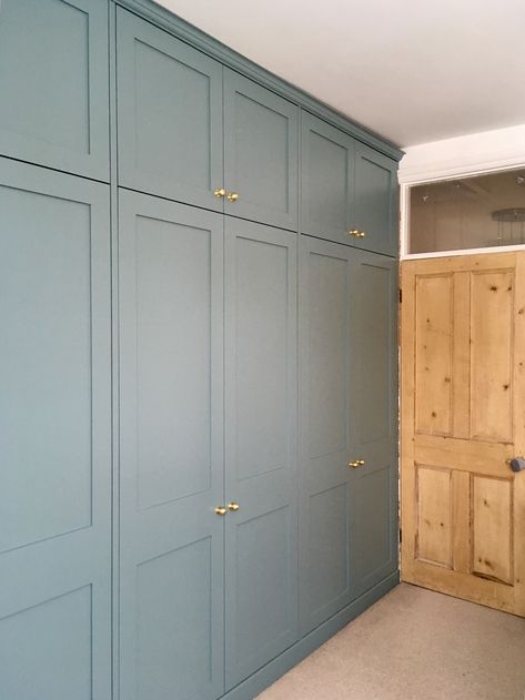 Mdf Cupboard Doors Design, Blue Colour Wardrobe Design, Coloured Wardrobe Doors, Blue Built In Wardrobe, Built In Wardrobe Upcycle Ideas, Painted Built In Wardrobes, Inbuilt Cupboards, Light Blue Wardrobe, Blue Dressing Room