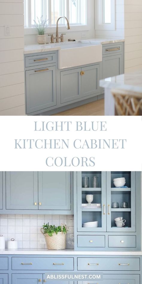 Transform your kitchen into a serene oasis with light blue cabinet colors! This refreshing hue adds a touch of calmness and elegance to any space. #lightbluekitchencabinets #kitcheninspo #kitchendecor Kitchens With Light Blue Cabinets, Blue Kitchen Apartment, Light Blue Lower Cabinets White Upper, Light Blue Cupboards, Blue Beach Kitchen, Light Blue Cabinet Colors, Sky Blue Kitchen Cabinets, Pastel Blue Paint Colors, White And Light Blue Kitchen