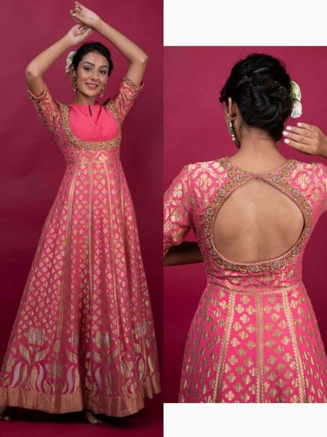 Anaar Kali Suit, Anarkali Front And Back Neck Designs, Ethic Dresses For Women, Saree Long Gown Design, Gown From Saree Ideas, Lehenga To Anarkali Convert, Anarkali Dress From Silk Saree, Saree Dress Back Neck Designs, Saree Anarkali Dress Pattern