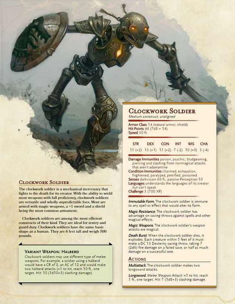 [5e][Monsters] Clockwork Golems Compendium - Imgur Homebrew 5e Monsters, Clockwork Soldier Dnd, Carpathian Forest, 5e Monsters, Clockwork Soldiers, Dnd Monster, Monster Manual, Dnd Stats, Dnd Classes