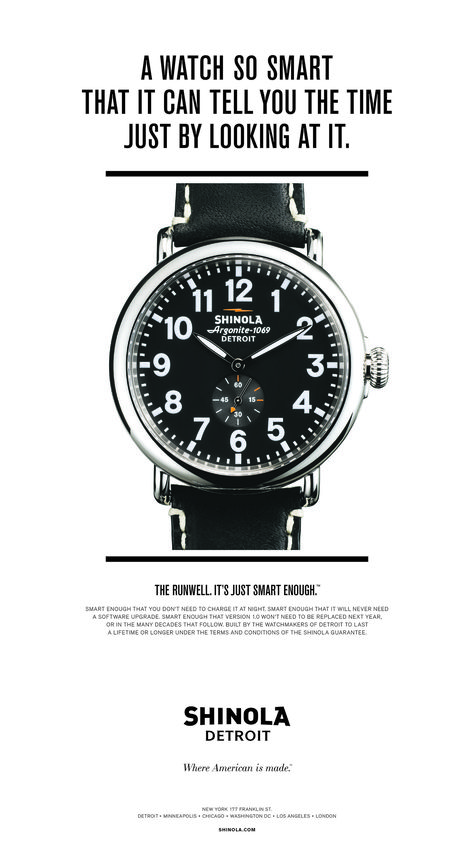 Shinola Takes Aim at Apple Watch in New Ad - Fortune Copywriting Ads, Shinola Watch, Copy Ads, Shinola Detroit, Advertisement Poster, Smart Watch Apple, Commercial Ads, Watch Ad, Ad Copy