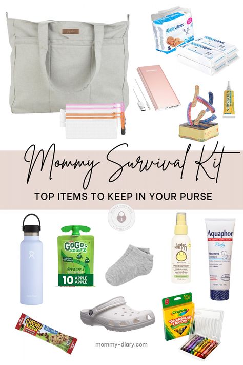 Mommy Bag Essentials, Dollar Tree Purse Essentials, Purse Essentials For Moms, What’s In My Mom Bag, Nanny Bag Essentials, Toddler Bag Essentials, Nanny Essentials, Mom Bags Everyday, Mom Purse Organization