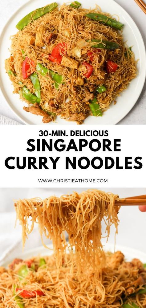 30-min. Singapore Curry Noodles. Curry seasoned rice noodles stir fried with juicy savoury chicken and vegetables! #singapore noodles recipes #chinese noodle recipes #singapore food recipes Thai Rice Noodle Recipes, Singapore Noodles Chicken, Mai Fun, Singapore Rice Noodles, Singapore Noodles Recipe, Singapore Recipes, Glass Noodles Recipe, Chinese Noodle Recipes, Vermicelli Recipes