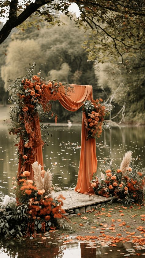 40+ Fall Wedding Ideas That Will Inspire You (Cake, Aisle, Table, Ceremony Decor, And More!) Wedding Inspiration Autumn, Wedding Decorations Fall October, Outside Wedding Fall, October Wedding Outside, Outside October Wedding, Wedding Decor Fall Rustic, Outside Wedding Inspiration, Rustic Orange And Brown Wedding, Fall Decor Rustic