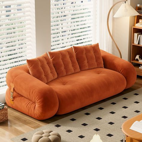 Burnt Orange Love Seat, Orange Sleeper Sofa, Velvet Pull Out Couch, Cute Sofa Bed, Orange Sofa Decor Ideas, Dopamine Apartment, Burnt Orange Couch Living Room, 70s Style Living Room, Sleeper Sofa Guest Room