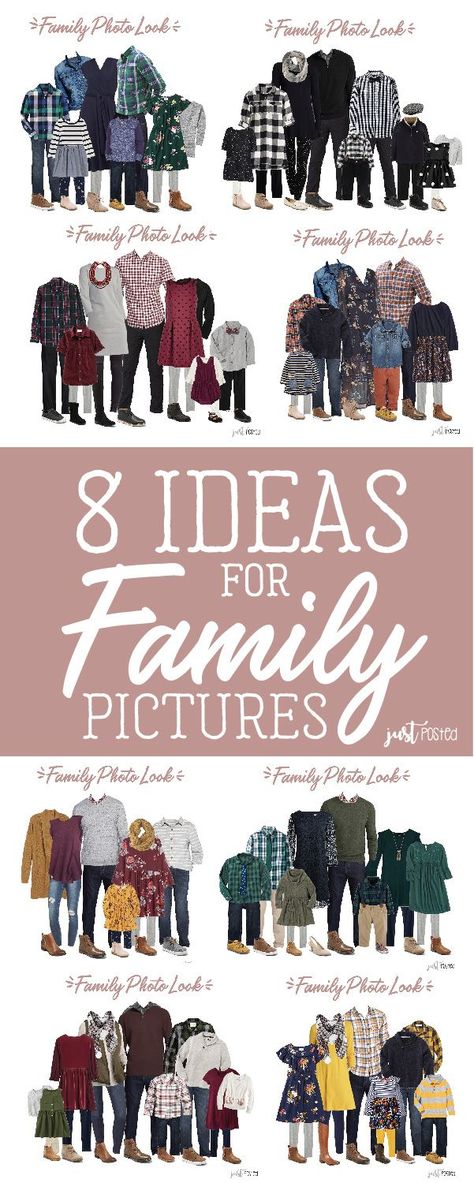 Here are 8 different options for what to wear for family pictures from babies and toddlers to adults! Some of these will be absolutely perfect for Christmas too! Each look has links included and 8 completely different color schemes for Family Pictures! Color Schemes For Family Pictures, Ideas For Family Pictures, Family Color Schemes, Picture Color Schemes, Winter Family Pictures, Fall Family Outfits, Family Holiday Pictures, Family Photos What To Wear, Christmas Pictures Outfits