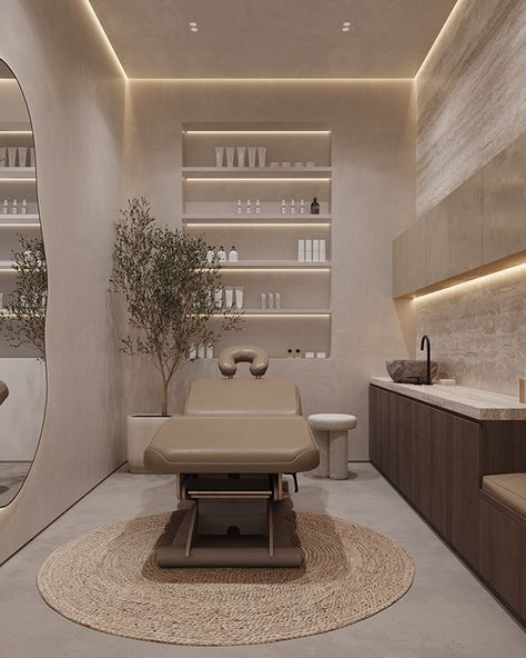 Beauty space :: Behance Skincare Salon Design, Brow Artist Room Ideas, At Home Beauty Salon Room, Salon Suite Decor Esthetician, Esthetician Spa Room Ideas, Spa And Salon Interior Design, Med Spa Room, Product Wall Display, Modern Med Spa