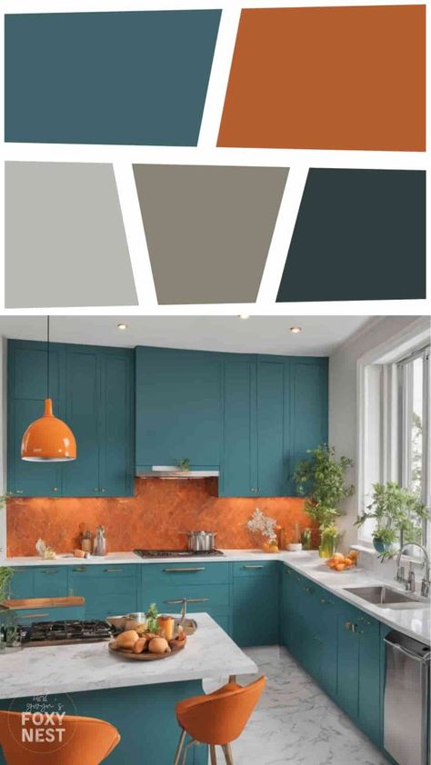 Teal And Orange Color Palette, Orange Backsplash, Color Palette Kitchen, Kitchen Cupboard Colours, Palette Kitchen, Coral Kitchen, Kitchen Colour Combination, Teal Color Palette, Orange Color Palette