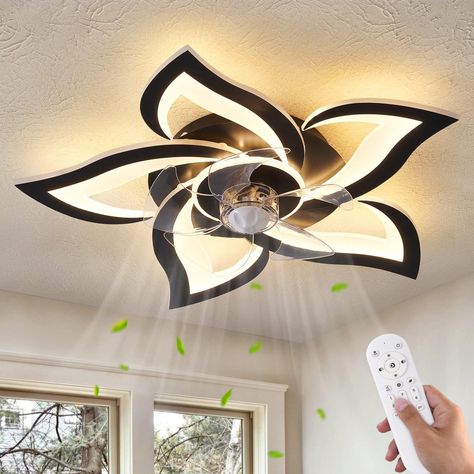 【Personality Geometric Ceiling Fan 】—This modern and fashionable geometric ceiling fan with light has a built-in silent pure copper reversible motor, which can bring stable and strong power without noise, and the bladeless ceiling fan have the function of forward and reverse. The wind speed of the fan with light can be controlled by the remote control, and the suitable and comfortable wind force can be adjusted, which is suitable for rooms of 150-300 ft², such as dining room, bedroom, living roo Geometric Ceiling, Bladeless Ceiling Fan, Flower Ceiling, Ceiling Fan With Lights, Black Ceiling Fan, Modern Flush Mount, Flush Mount Ceiling Fan, Fan With Light, Led Ceiling Fan