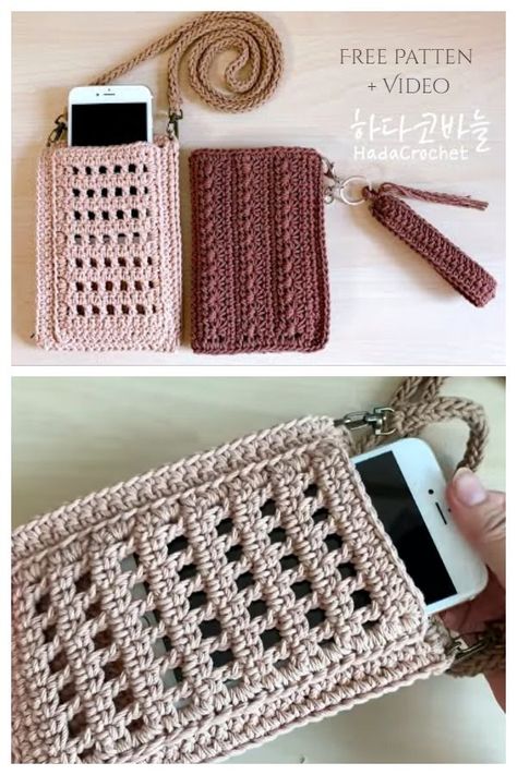 Easy Net Mobile Phone Case Free Crochet Patterns + Video Phone Bag Crochet, Crochet Phone Cover, Phone Bag Pattern, Crocheted Purse, Tote Crochet, Crochet Wallet, Crochet Phone Cases, Crochet Mobile, Crochet Case