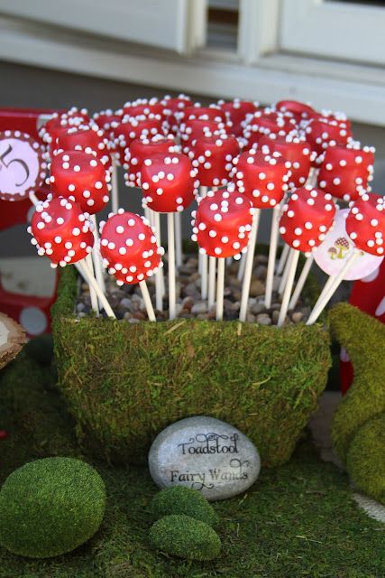 Toadstool fairy wands (marshmallow pops with red candy coating and white sugar pearls) Woodland Fairy Birthday Party, Woodland Fairy Birthday, Enchanted Forest Birthday, Woodland Fairy Party, Enchanted Forest Party, Forest Birthday Party, Fairy Baby Showers, Red Mushrooms, Fairy Garden Birthday Party