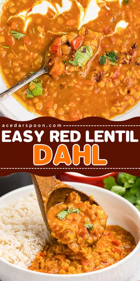 This Easy Red Lentil Dahl Recipe is a flavorful, comforting dish from Indian cuisine that is made from red lentils. This dish mixes red lentils with vegetables, fresh ginger, tomato, broth, coconut milk and a warm mixture of spices like curry powder, garam masala, turmeric, cumin and coriander. Serve this with rice, a swirl of Greek yogurt and fresh cilantro. Dahl Recipe Indian, Daal Recipe Indian, Curry Powder Recipes, Dahl Recipes, Lentil Dahl Recipe, Red Lentil Dahl Recipe, Red Lentil Dahl, Lebanese Lentil Soup, Red Lentil Curry