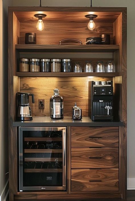 Home Bar And Coffee Station, Bar And Coffee Station Ideas, Pantry With Coffee Station, Koffie Stations, Kaffe Station, Coffee Bar In Kitchen, Modern Coffee Bar, Office Coffee Station, Bar In Kitchen