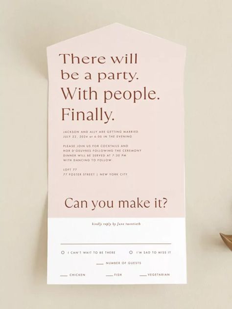 'There will be a party. With people. Finally.' at top in modern gold type on blush background Wedding Invitations Funny, Funny Wedding Invitation Wording, Second Wedding Invitations, Wedding Invite Wording Funny, Newspaper Wedding Invitations, Quirky Wedding Invitations, Casual Wedding Reception, Sample Wedding Invitation Wording, Casual Wedding Invitations