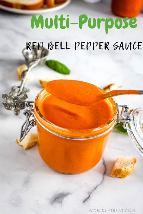 MULTI-PURPOSE RED BELL PEPPER SAUCE-Bonus salad dressing  healthy and deeply satisfying, this colorful sauce is especially delicious when used as a dressing, marinade, dip, or as a base sauce for numerous dishes.    #sauce #marinade #dip #salad #saladdressing #redbell #peppersauce  #july4th #easyrecipe Bell Pepper Sauce Recipe, Salad Dressing Healthy, Red Bell Pepper Sauce, Easy Nutritious Breakfast, Bell Pepper Sauce, Crunchy Asian Salad, Bell Pepper Salad, Dressing Healthy, Pepper Sauce Recipe