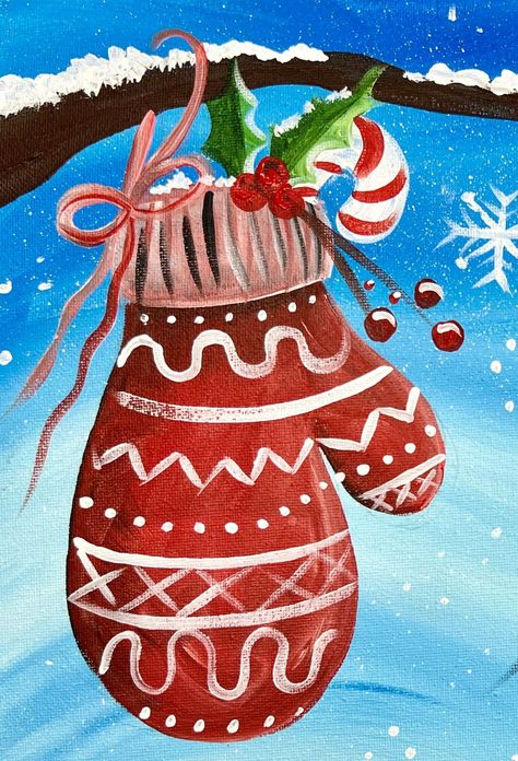 How To Paint "Christmas Mittens" - Acrylic Painting Tutorial Easy Acrylic Painting Christmas, Winter Holiday Painting Easy, Cute Christmas Decorations Diy, Christmas Art Acrylic Paint, Christmas Painting For Kids Easy, Simple Christmas Paintings For Kids, How To Paint Christmas Canvas Step By Step, Holiday Painting Ideas Easy, Christmas Scenes To Paint