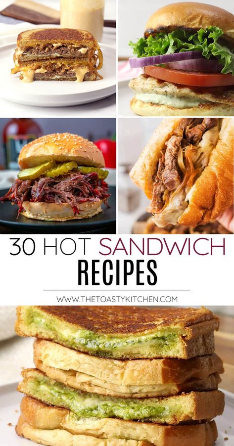 30 Hot sandwich recipes, a roundup by The Toasty Kitchen. There's nothing better than a warm, hearty sandwich on a chilly fall or winter day. Today I'm sharing 30 hot sandwich recipes that will fill you up for breakfast, lunch, or dinner. #reciperoundup #hotsandwiches #sandwiches #recipes Hot Lunch Sandwiches, Specialty Sandwich Recipes, Hot Sandwich Ideas For Dinner, No Deli Meat Sandwiches, Bar Sandwiches Ideas, Easy Homemade Sandwiches, Sandwich Recipes With Sourdough Bread, Elevated Grilled Cheese Sandwich, Healthy Dinner Sandwiches