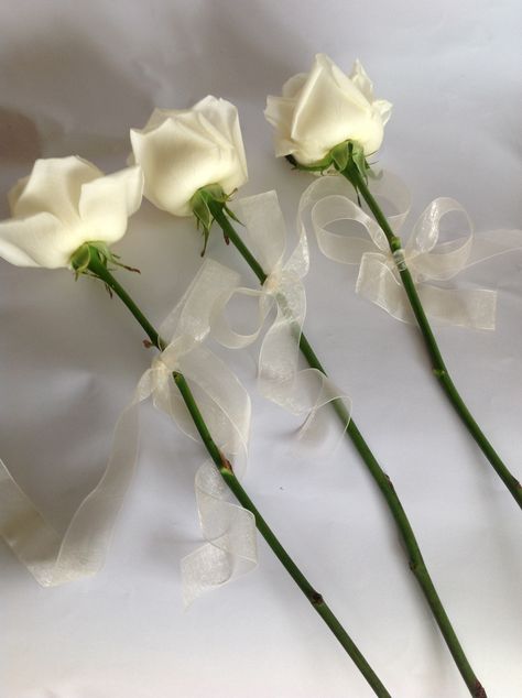 Single roses with ribbon for the bridesmaids                                                                                                                                                     More Single White Rose Bridesmaid Bouquet, Single Stem Bridesmaid Flowers, Single Rose For Bridesmaids, One Flower Bridesmaid, Single White Rose Bridesmaid, Single Bridesmaid Flower, Bride Maids Bouquet Simple, Single Flower With Ribbon, One Rose Bridesmaid Bouquet