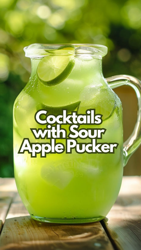 Cocktails with Sour Apple Pucker Pucker Sour Apple Drinks, Sour Apple Pucker Shots, Sour Green Apple Cocktail, Drink Apple Sourz, Apple Sour Cocktail, Apple Pucker Cocktails, Pucker Drinks Recipes, Green Apple Schnapps Drinks, Sour Apple Schnapps Drinks