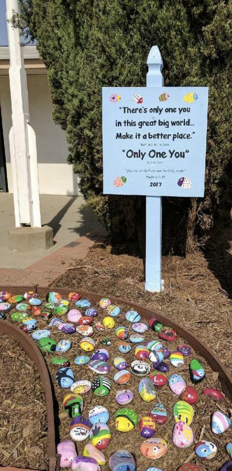 School Rock Garden, Kindness Rock Garden Sign, Kindness Garden, School Garden Club, Pebble Path, Sheep Barn, Gardening Club, Rock Floor, Spiritual Garden