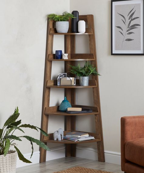 Corner shelf ideas: up your storage game with these clever designs | Real Homes Compact Pooja Unit, Corner Ladder Shelf, Corner Shelf Ideas, Corner Shelf Design, Corner Shelving Unit, Shelf Decor Living Room, Corner Furniture, Corner Bookshelves, Wood Bath