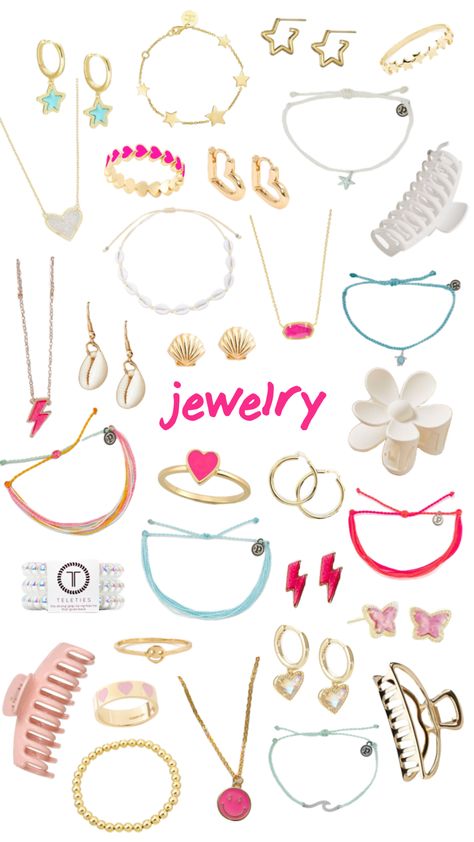 #preppy #jewelry #pink #blue #gold #white #kendrascott #beauty #cute #aesthetic #necklace #earrings #bracelets #puravida #clawclip #rings Preppy Necklace Stack, Preppy Earring Stack, Preppy Jewelry Necklaces, Preppy Jewelry Bracelets, Preppy Gold Jewelry, Coconut Girl Jewelry, Preppy Rings, Preppy Jewlery, Summer Jewelry Aesthetic