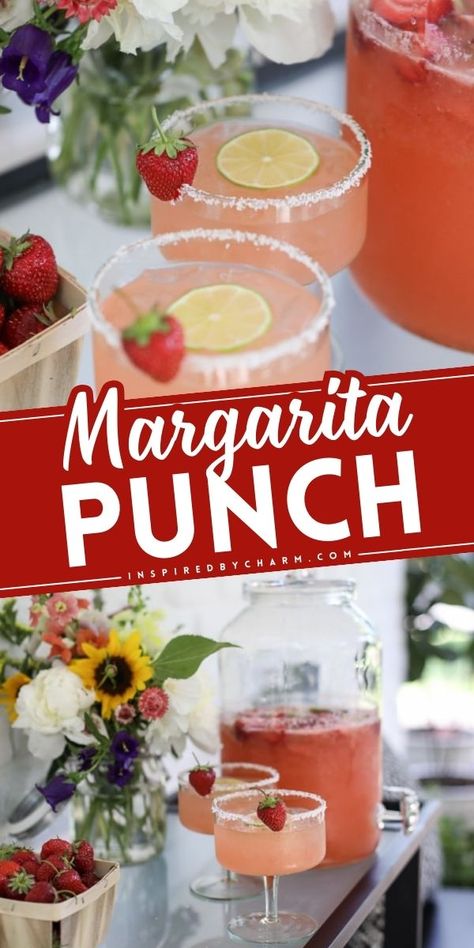 Looking for Cinco de Mayo cocktail ideas? Here's a party punch! Everyone will love this alcoholic Cinco de Mayo drink. Not only is this simple margarita punch recipe for a crowd light and refreshing, but it also has a delicious strawberry flavor! Punches For Parties Alcohol, Iced Margarita Recipe, Easy Cinco De Mayo Recipes, Cinco De Mayo Cocktails For A Crowd, Prom Punch Recipes, Margarita Mix For Party, Love Drinks Alcohol, Memorial Day Margarita, Cosmopolitan Punch Recipe