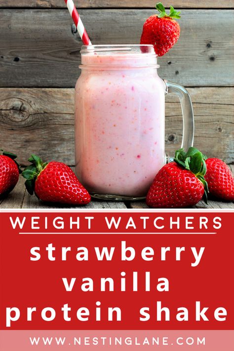 Weight Watchers Vanilla-Strawberry Protein Smoothie Recipe. This quick and easy breakfast, or post-workout recipe is a delicious start to the day. You will only need 4 ingredients, vanilla protein powder, unsweetened frozen strawberries, water, and ice cubes. It's low fat and high protein. MyWW Points: 4 Green Plan, 4 WW Smart Points. Personal Points will vary based on your individual plan. Vanilla Protein Shake Recipes, Protein Powder Smoothie Recipes, Protein Powder Recipes Shakes, Strawberry Protein Smoothie, Vanilla Protein Shake, Easy Protein Shakes, High Protein Smoothie Recipes, Protein Drink Recipes, Protein Breakfast Smoothie