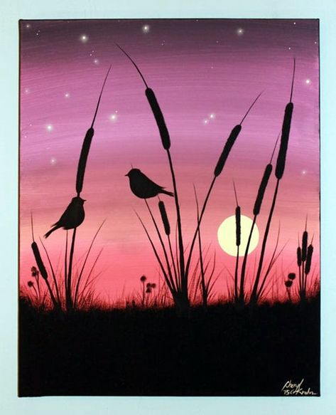 Silhouette Painting, Easy Canvas Painting, Simple Acrylic Paintings, Night Painting, Silhouette Art, Painting Art Projects, Alam Yang Indah, Pastel Art, Abstract Painting Acrylic