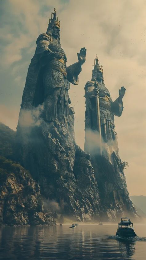 The image is two giant statues carved into a mountain. The statues are both wearing crowns and holding swords ->> more details in ai-img-gen.com Giant Statue, Clown Horror, Journey To The West, Fantasy Fiction, Art Films, Secret Places, Fantasy Landscape, The River, Swords