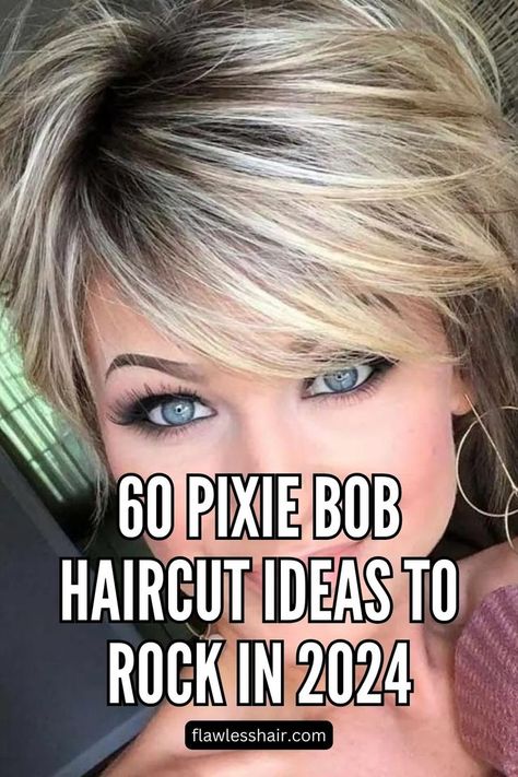 Pixie Bob Haircut For Women Over 40 Pixie Bob With Bangs, Pixie Cut With Long Bangs, Short Stacked Bob Haircuts, Pixie Haircut Fine Hair, Shaggy Bob Hairstyles, Short Bobs With Bangs, Bob Haircut Ideas, Stacked Haircuts, Longer Pixie Haircut