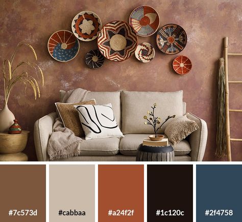 17 Boho Color Palette Ideas (with Hex Codes) - Vandelay Design Bohemian Painting Ideas Wall Colors, Desert Mountain Color Palette, Western Living Room Colors, Western Color Palette Ranch, Southwest Wall Colors, Sedona Color Palette, Southwestern Paint Colors, Boho Wall Colors, Southwest Bedroom Ideas