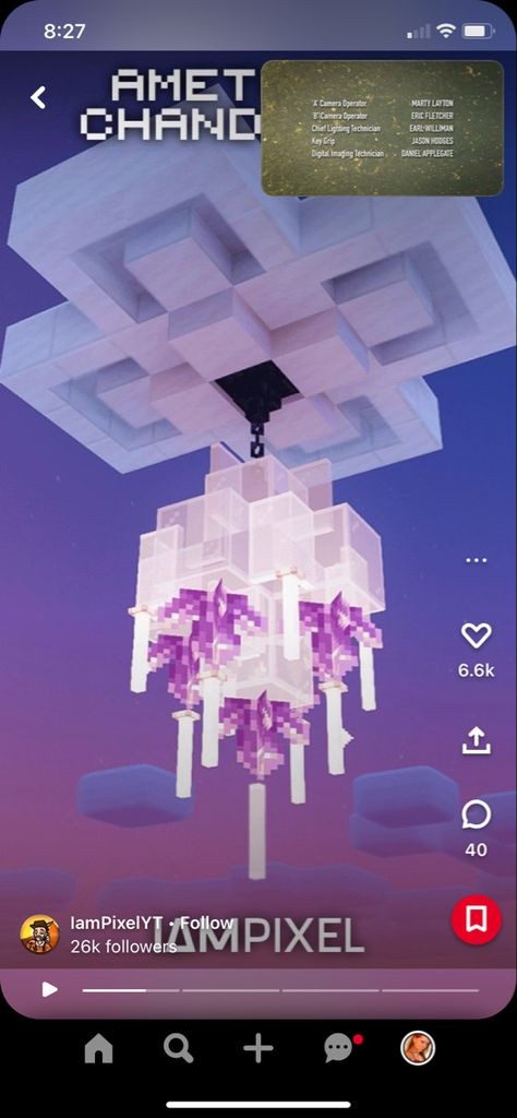 Minecraft Monuments Ideas, Minecraft Amethyst Chandelier, Minecraft Modern Chandelier, Minecraft Chandelier Design Small, Chandelier Design Minecraft, Chandelier Ideas Minecraft, Minecraft Quartz Floor Designs, Giant Nether Portal Design, Mincraft Chandeliers Ideas