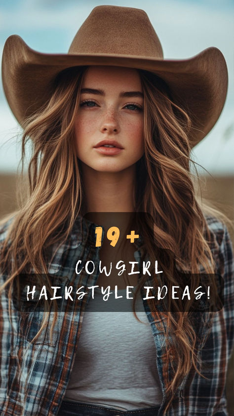 Want to channel your inner cowgirl? Click to explore 19 chic cowgirl hairstyles. Perfect for adding a rustic charm to your look! 🌾👢 #CowgirlStyle #Hairstyles #RusticCharm #HairInspiration #ChicLooks How To Style Hair With Cowboy Hat, Western Outfit Hairstyles, Western Half Up Hairstyles, Country Hairstyles For Medium Hair, Western Hairstyles For Women For Wedding, Cowboy Hat Hair Styles For Women, Southern Hairstyles Country, Farm Girl Hairstyles, Cute Country Hairstyles Cowgirls Hair