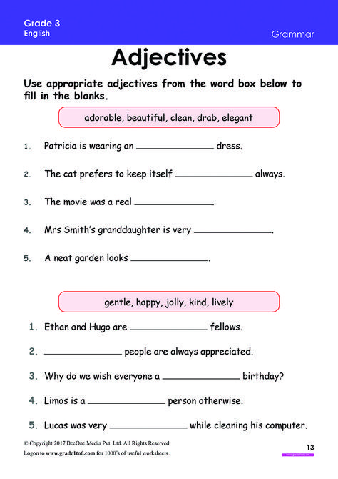 Subscribe to https://www.grade1to6.com/register-new.php#home for just $1.25 / Rs 100 a Year to access 6000 plus English & Math Worksheets for Grade 1 to Grade 6 Curriculum: CBSE / ICSE / NCERT/ SCERT / IB (PYP / MYP1) #mathworksheets #englishworksheets #backtoschool #cbse #pyp Tenses Worksheet, Third Grade Grammar Worksheets, Third Grade Grammar, Adjectives Exercises, Third Grade Worksheets, Free English Worksheets, English Adjectives, Adjective Worksheet, Worksheets For Grade 3